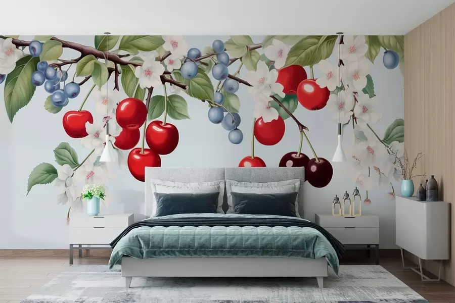 wall murals Башта јагодичастог воћа: гране са трешњама, боровницама и цвећем w01975