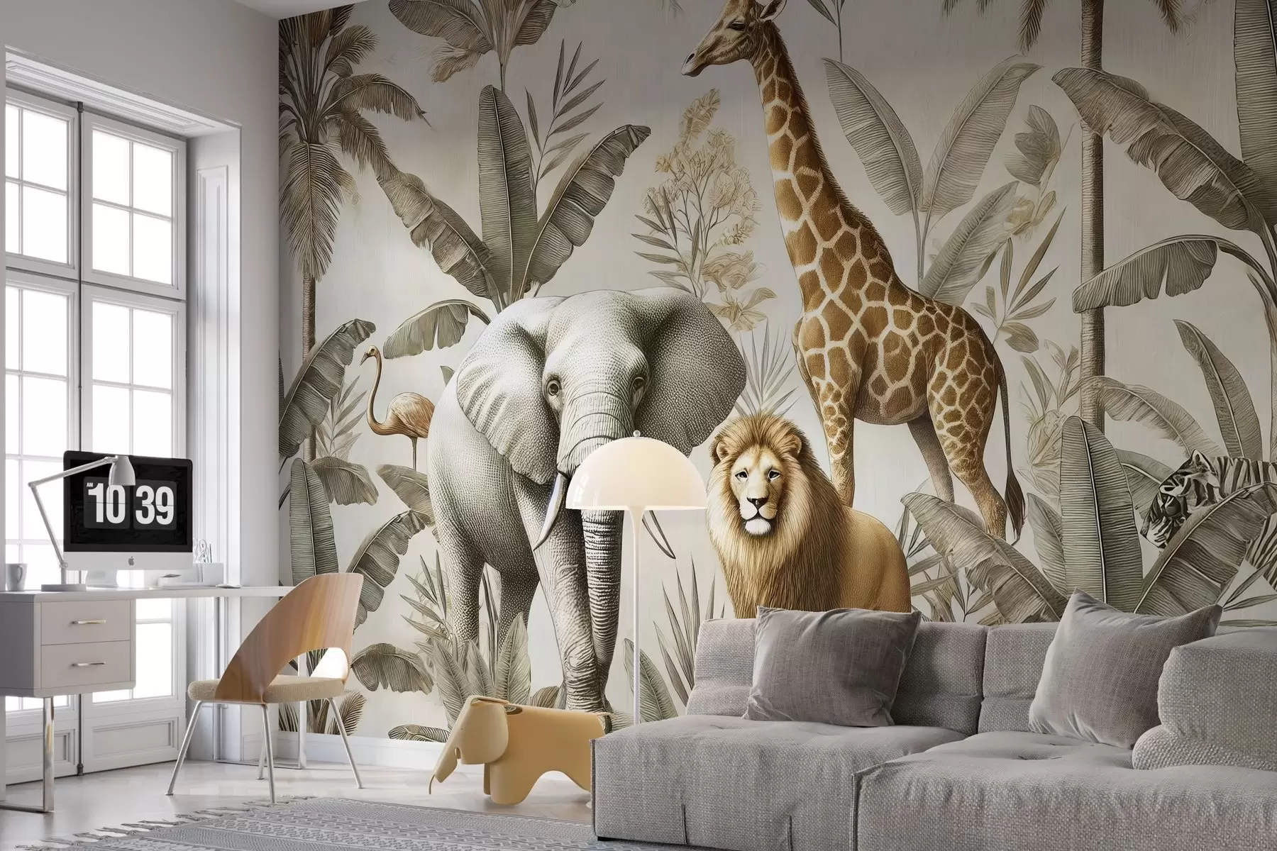 wall murals Сафари дечије тапете са тропским пејзажом и разним животињама у елегантним бојама w01956
