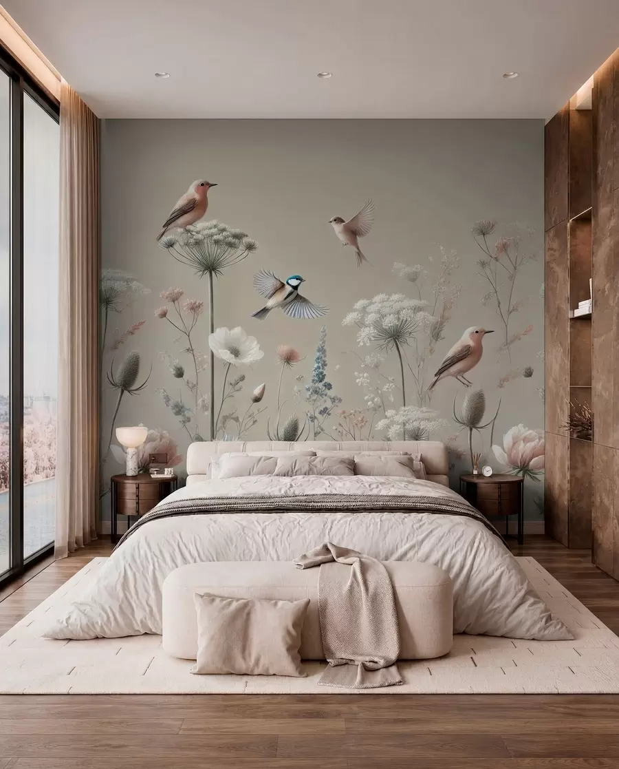 wall murals Нежно дивље цвеће са птицама на беж позадини w01958