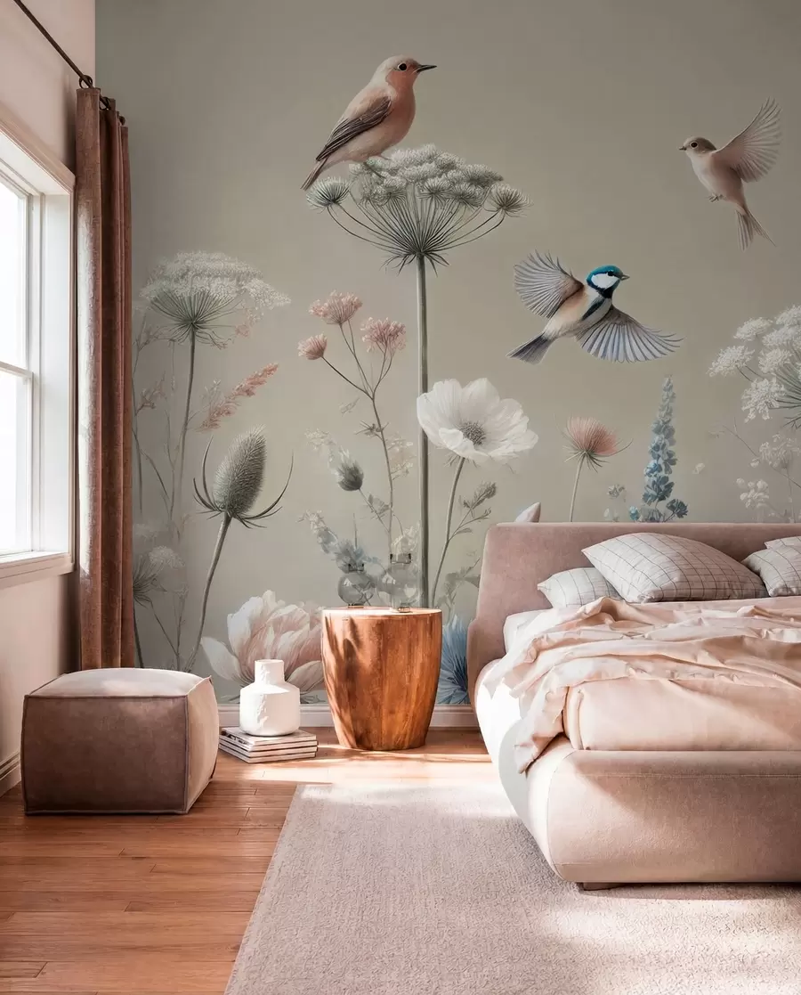 wall murals Нежно дивље цвеће са птицама на беж позадини w01958