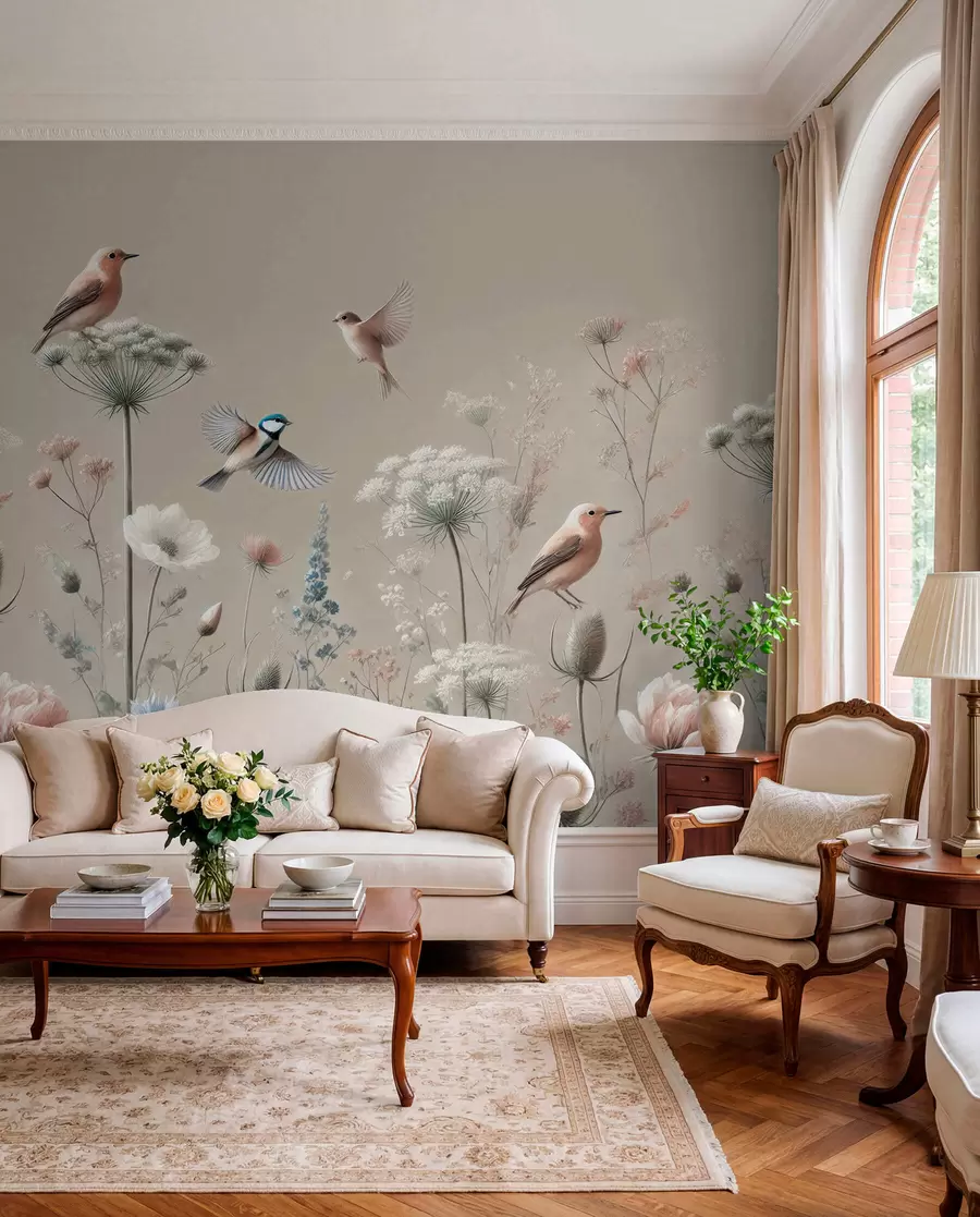 wall murals Нежно дивље цвеће са птицама на беж позадини w01958