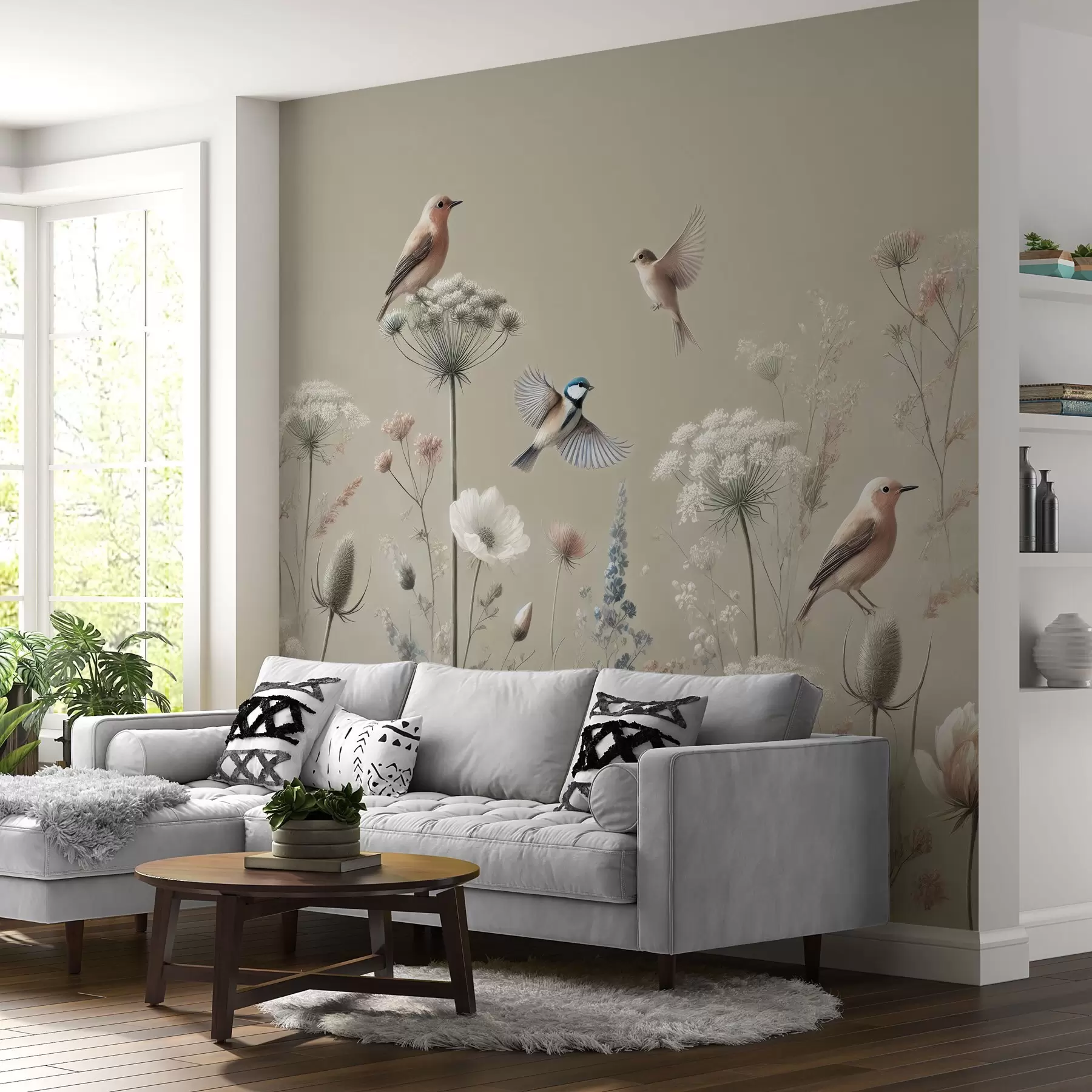 wall murals Нежно дивље цвеће са птицама на беж позадини w01958