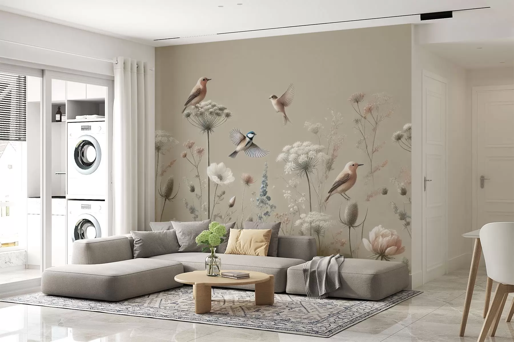wall murals Нежно дивље цвеће са птицама на беж позадини w01958