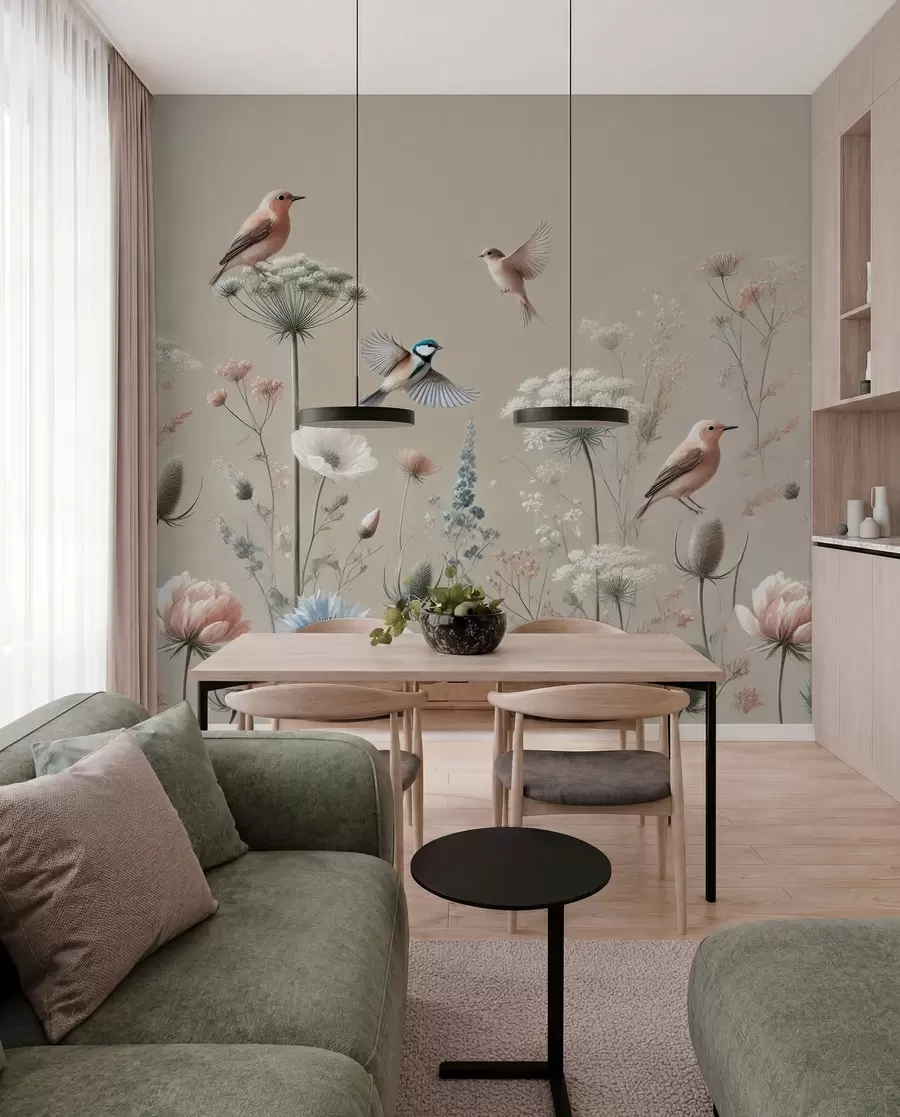 wall murals Нежно дивље цвеће са птицама на беж позадини w01958