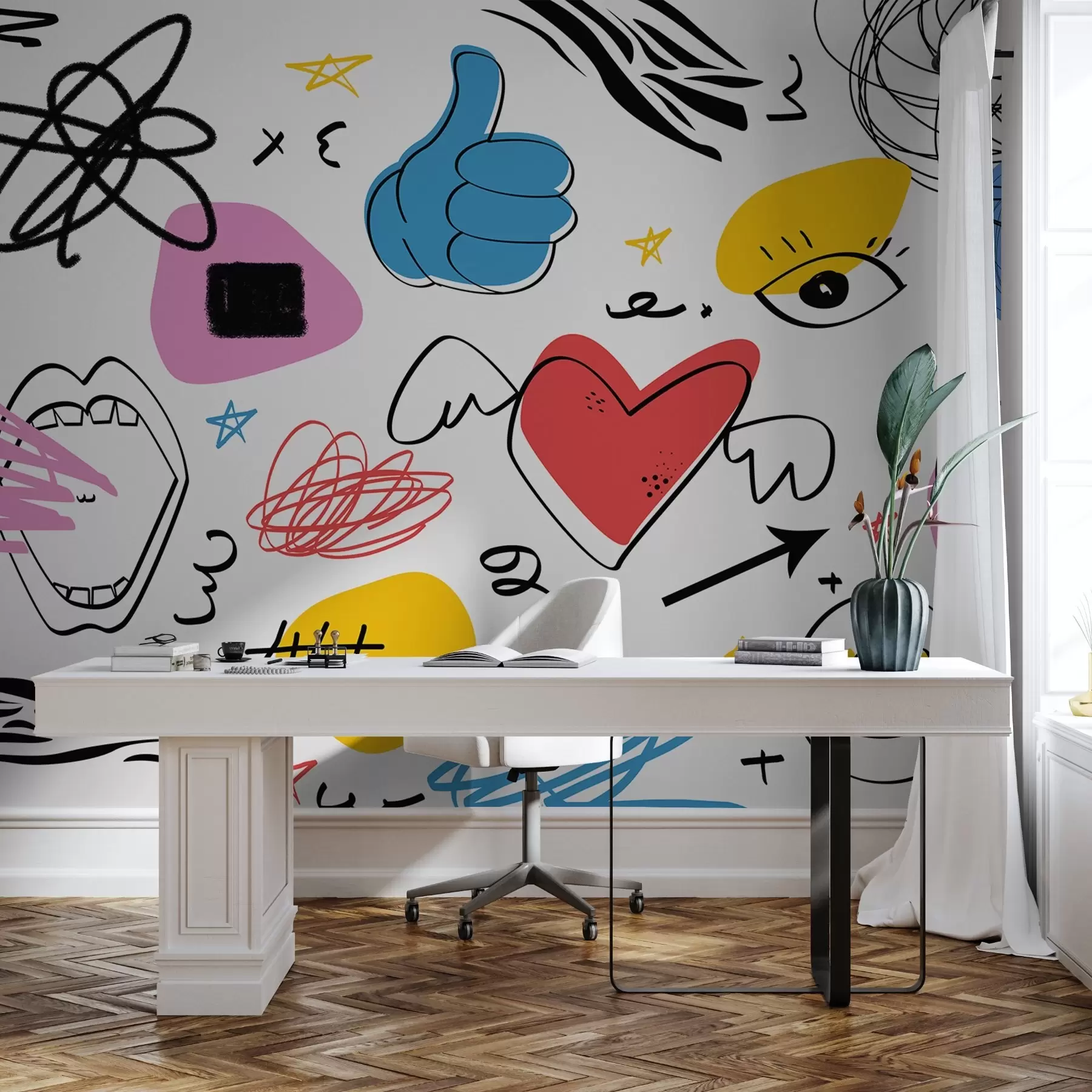 wall murals Цртање тактичких знакова и симбола, конфузија, линије, плава, жута, црвена, розе боја w01940