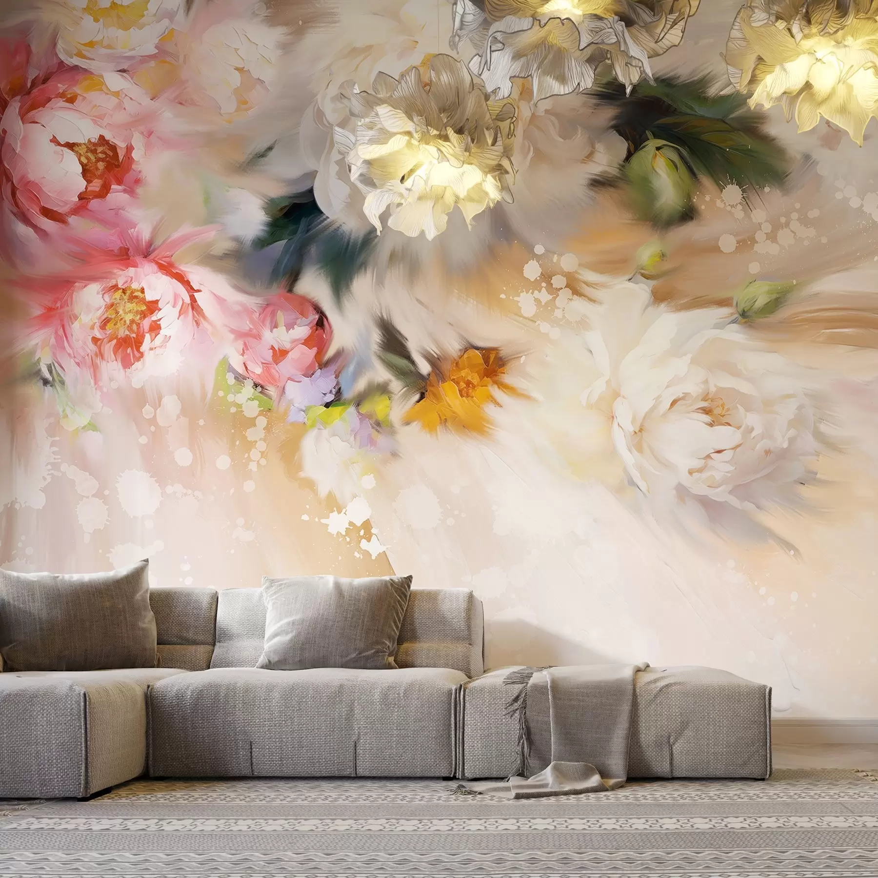 wall murals Акрилни божури, потези четкице, цветне, нежне пастелне беж боје w02021v2