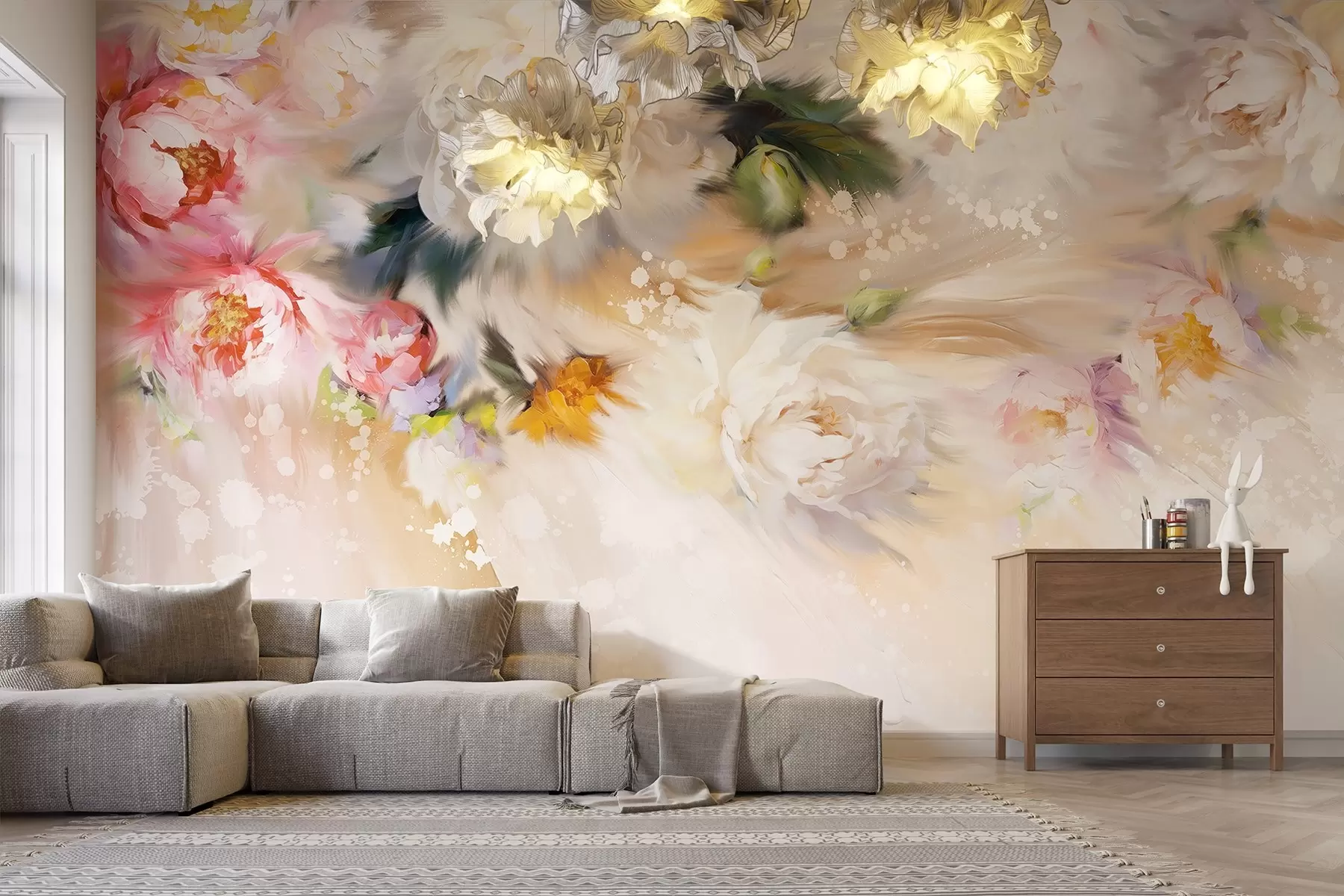 wall murals Акрилни божури, потези четкице, цветне, нежне пастелне беж боје w02021v2