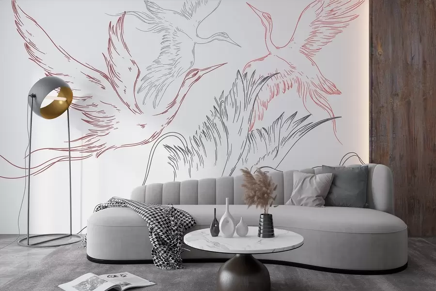 wall murals Птице лете, минимализам, линијска уметност, природа, сиве и црвене боје w02061v1