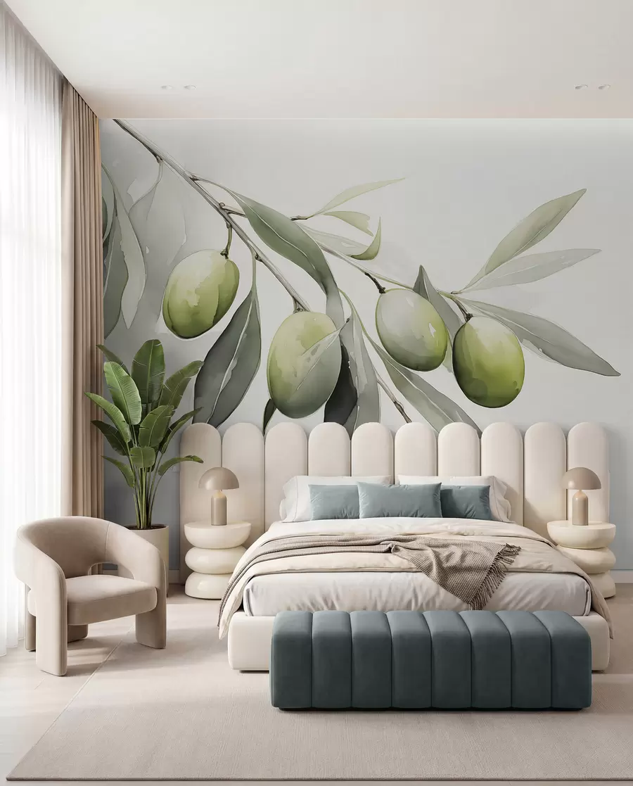 wall murals Грана са зеленим маслинама влажна акварел w02042