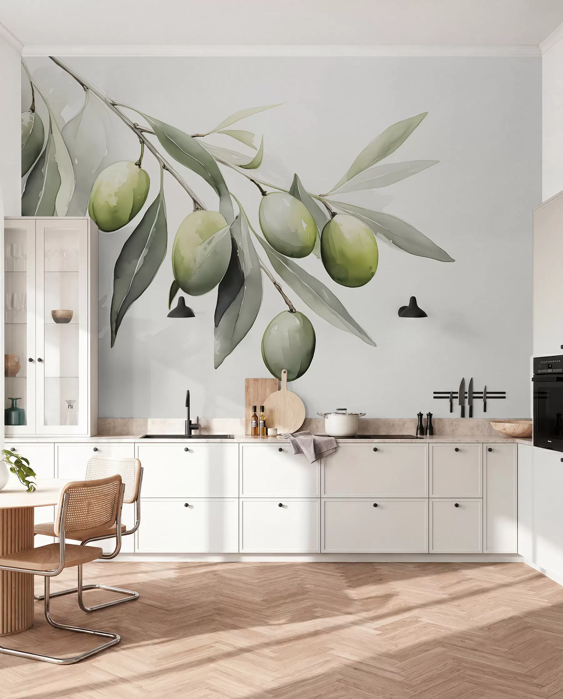 wall murals Грана са зеленим маслинама влажна акварел w02042