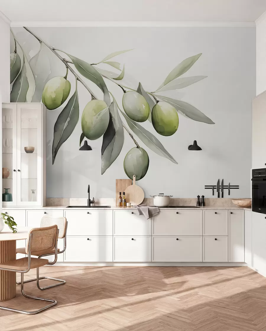 wall murals Грана са зеленим маслинама влажна акварел w02042