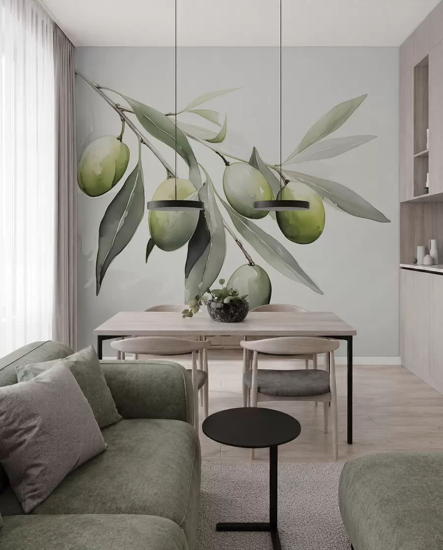 wall murals Грана са зеленим маслинама влажна акварел w02042