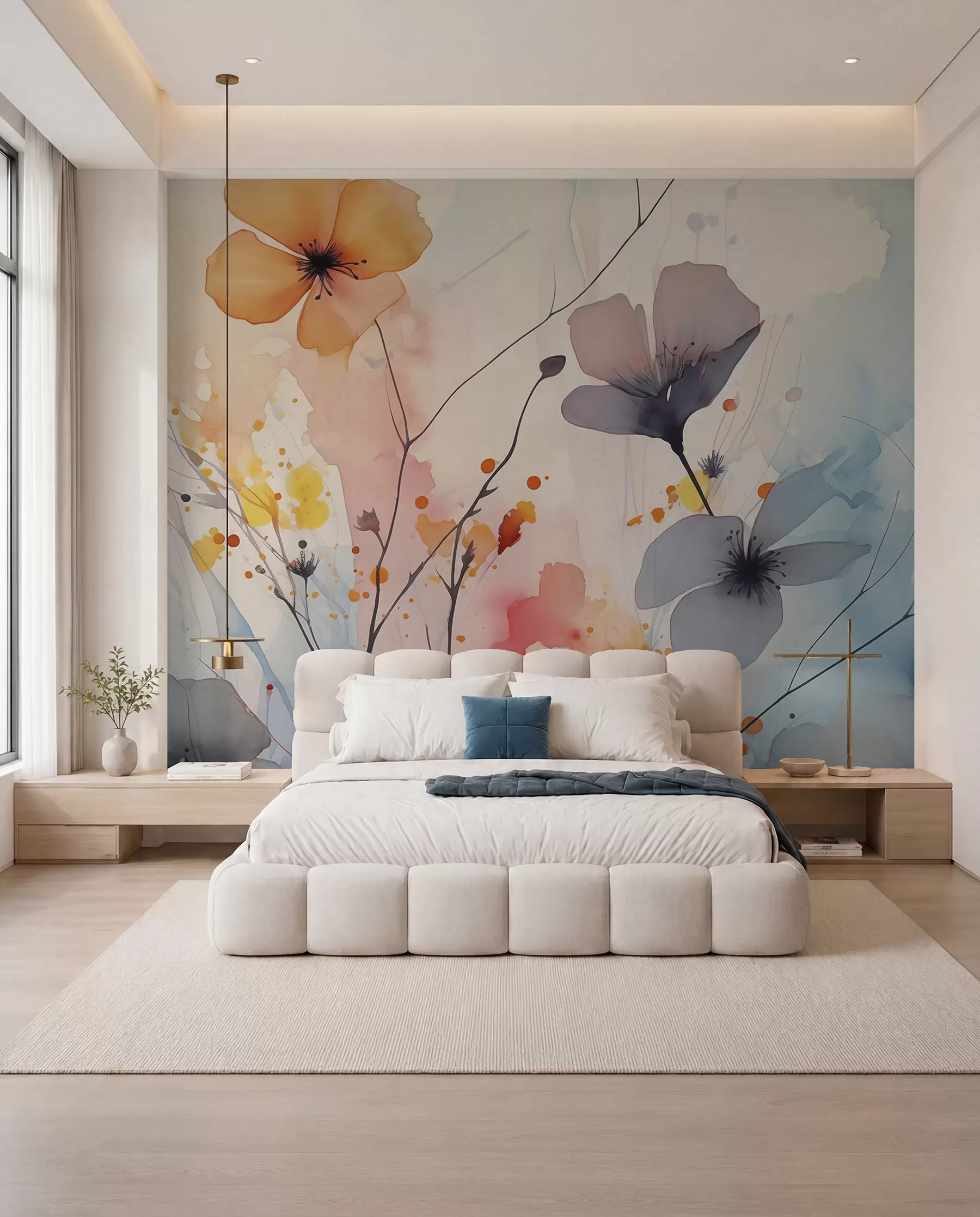 wall murals Апстрактно светло цвеће и гране са прскањем боје влажним акварелом w02049