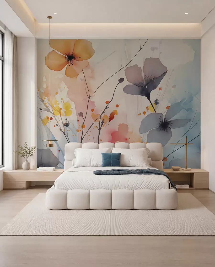 wall murals Апстрактно светло цвеће и гране са прскањем боје влажним акварелом w02049