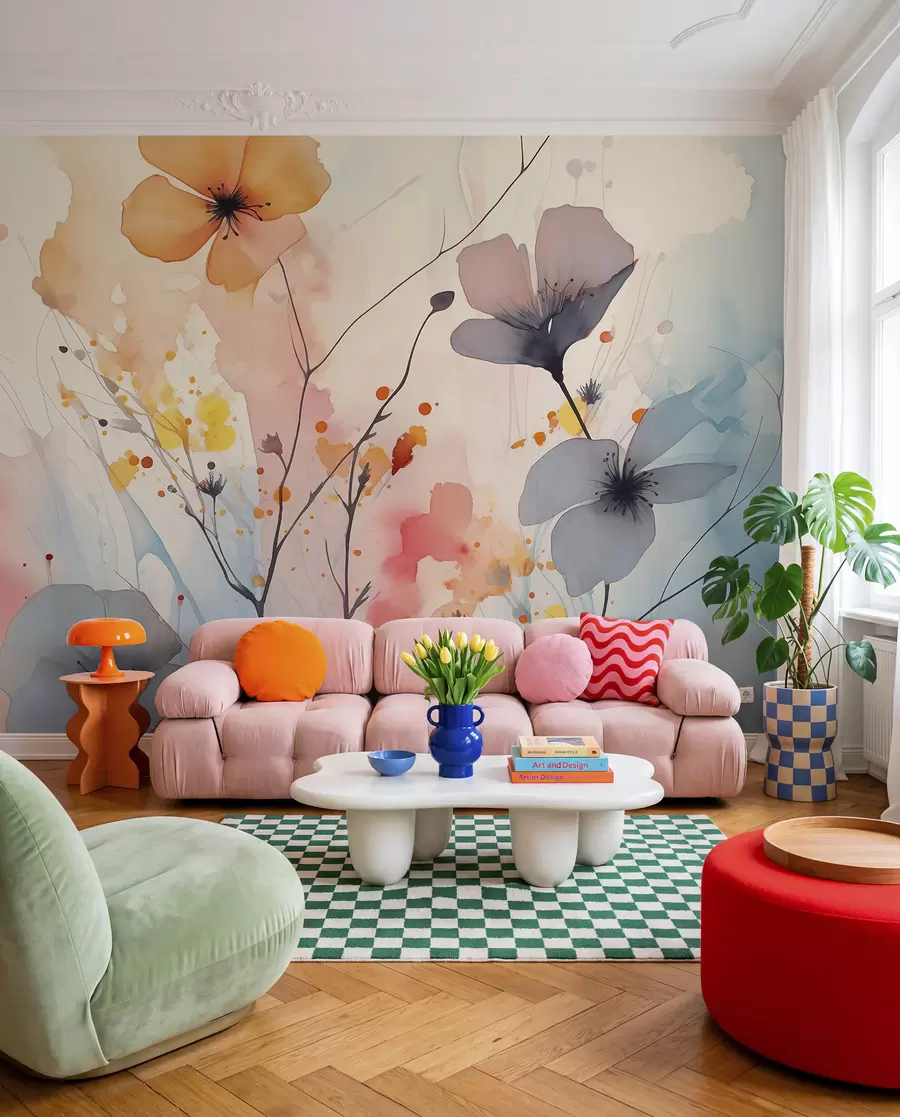 wall murals Апстрактно светло цвеће и гране са прскањем боје влажним акварелом w02049