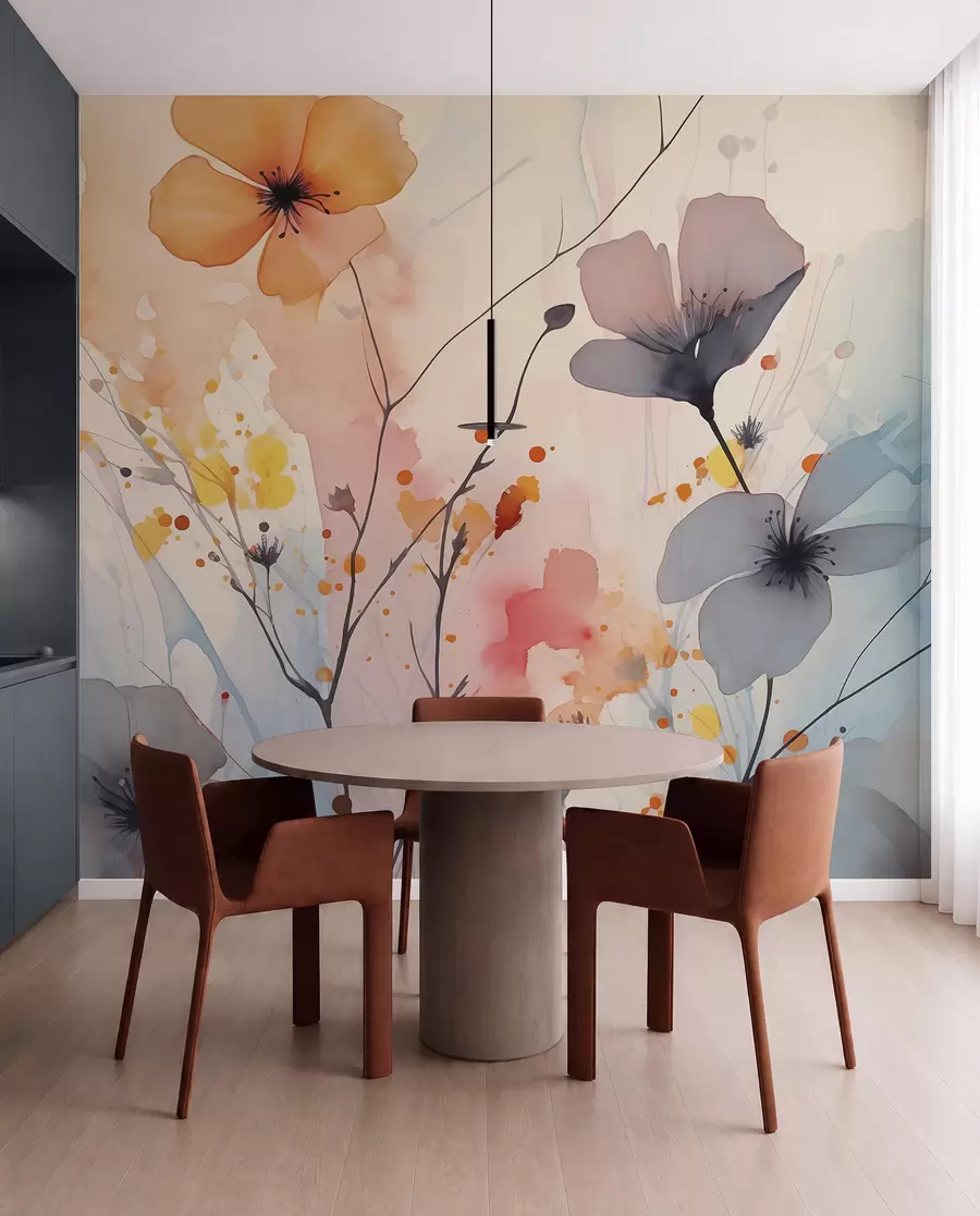 wall murals Апстрактно светло цвеће и гране са прскањем боје влажним акварелом w02049