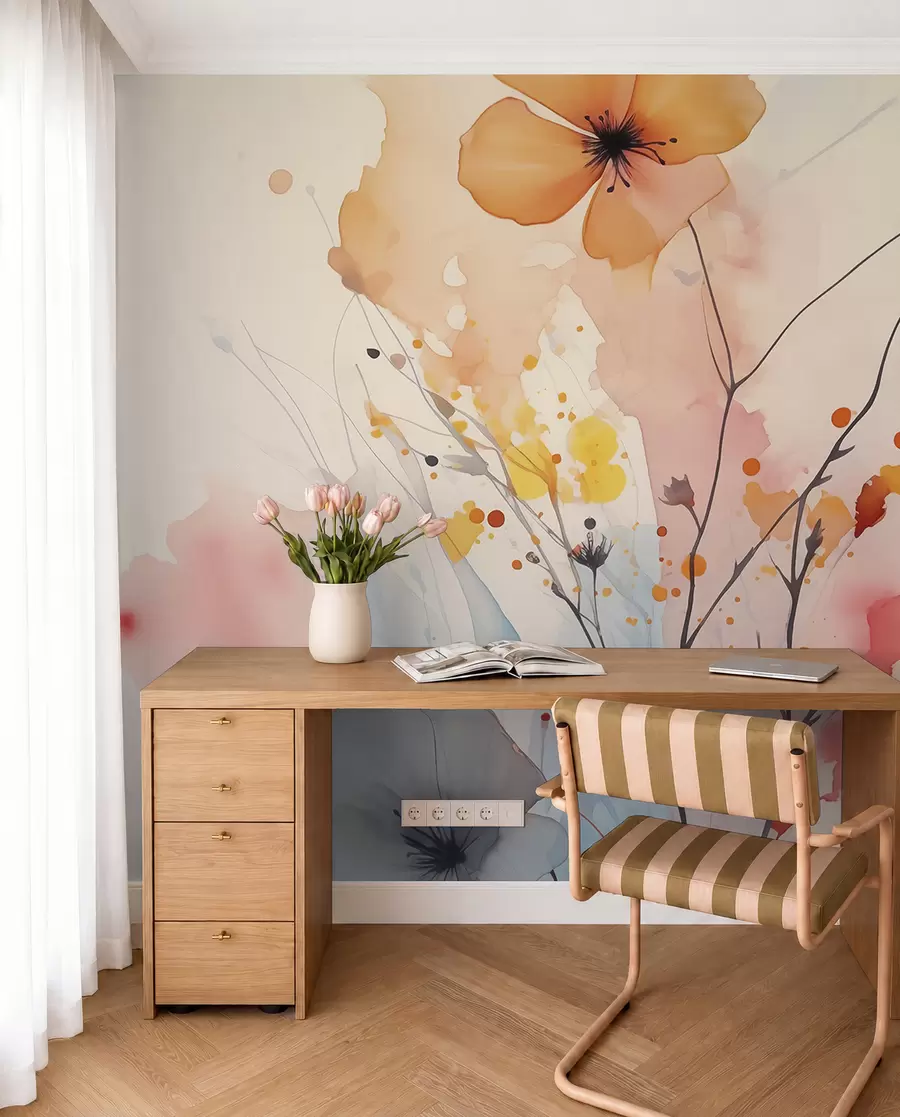 wall murals Апстрактно светло цвеће и гране са прскањем боје влажним акварелом w02049