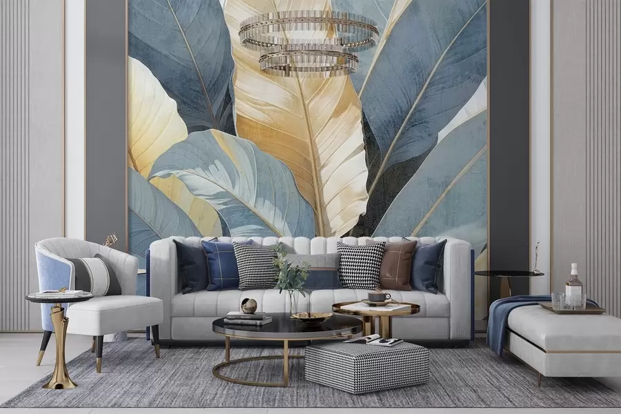 wall murals Поглед изблиза на велико бујно, текстурирано декоративно тропско лишће у нијансама плаве, зелене и жуте w08373