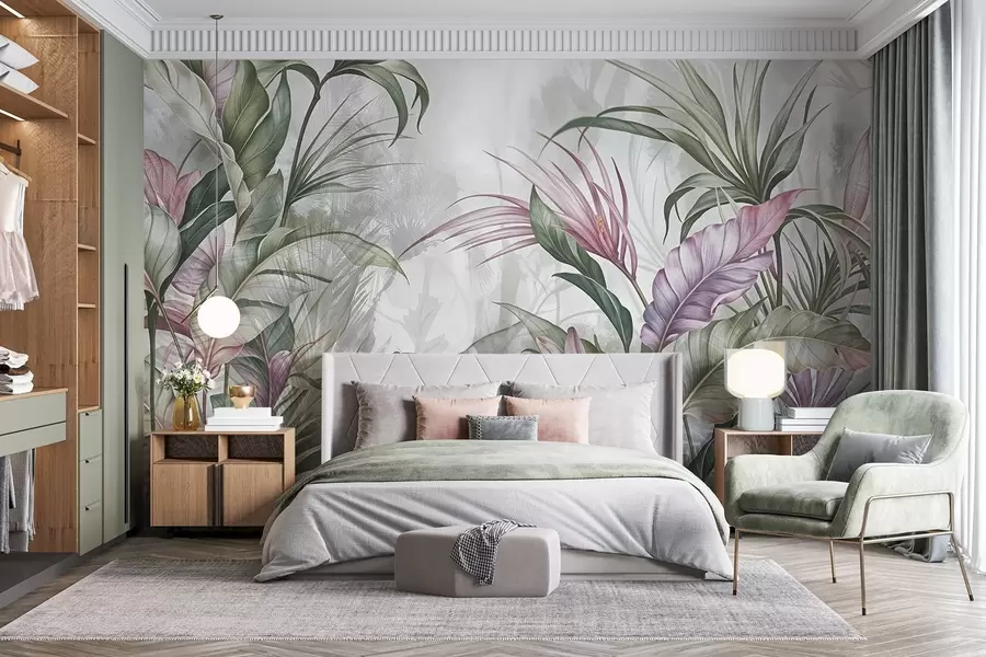 wall murals Тропска џунгла са великим зеленим листовима и ружичастим цветовима протеје са замагљеном текстурираном позадином w08375
