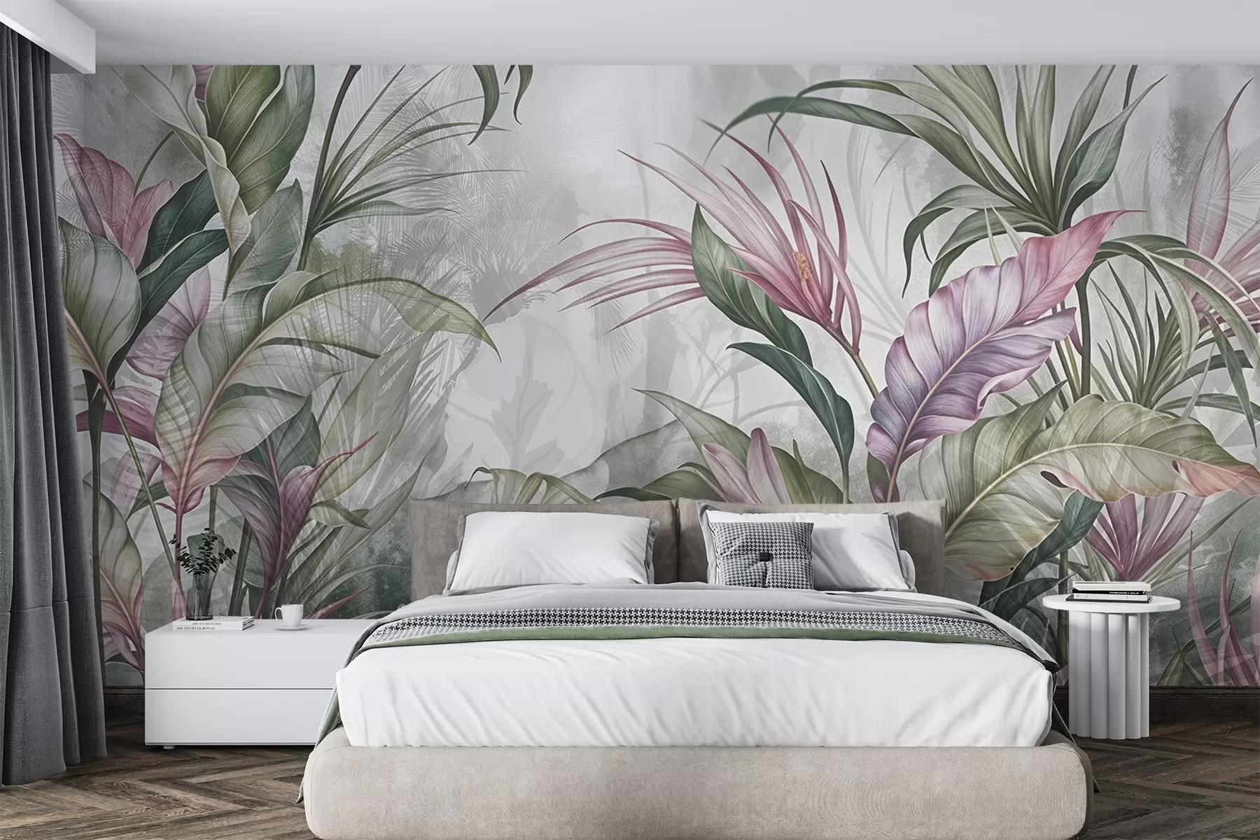 wall murals Тропска џунгла са великим зеленим листовима и ружичастим цветовима протеје са замагљеном текстурираном позадином w08375