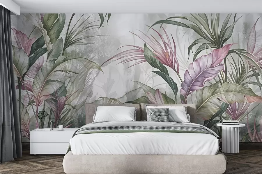 wall murals Тропска џунгла са великим зеленим листовима и ружичастим цветовима протеје са замагљеном текстурираном позадином w08375