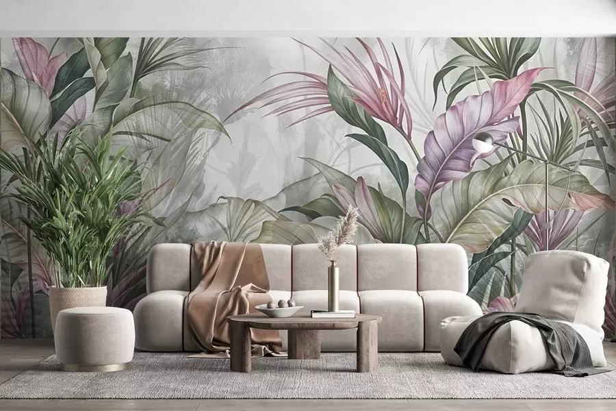 wall murals Тропска џунгла са великим зеленим листовима и ружичастим цветовима протеје са замагљеном текстурираном позадином w08375