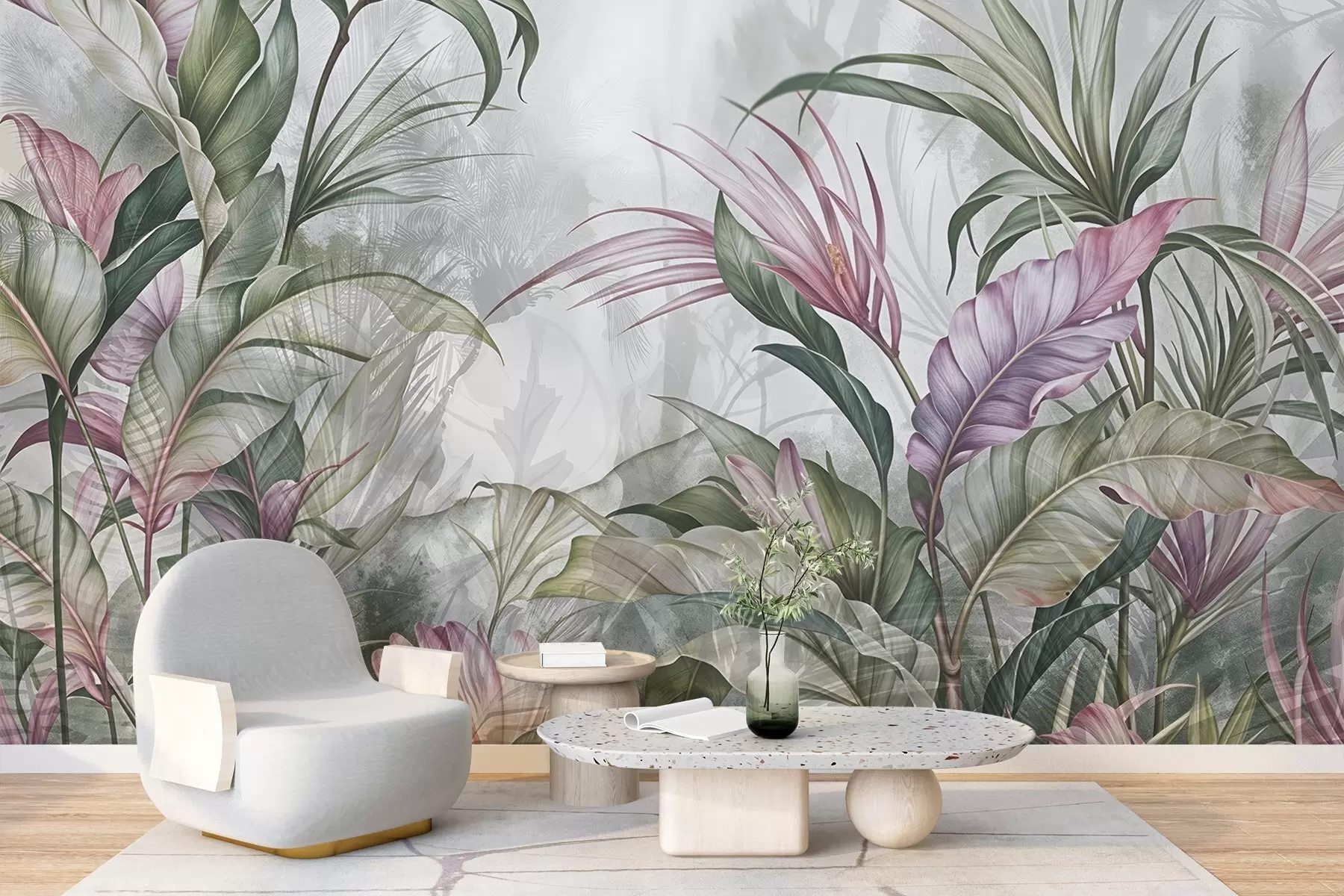 wall murals Тропска џунгла са великим зеленим листовима и ружичастим цветовима протеје са замагљеном текстурираном позадином w08375