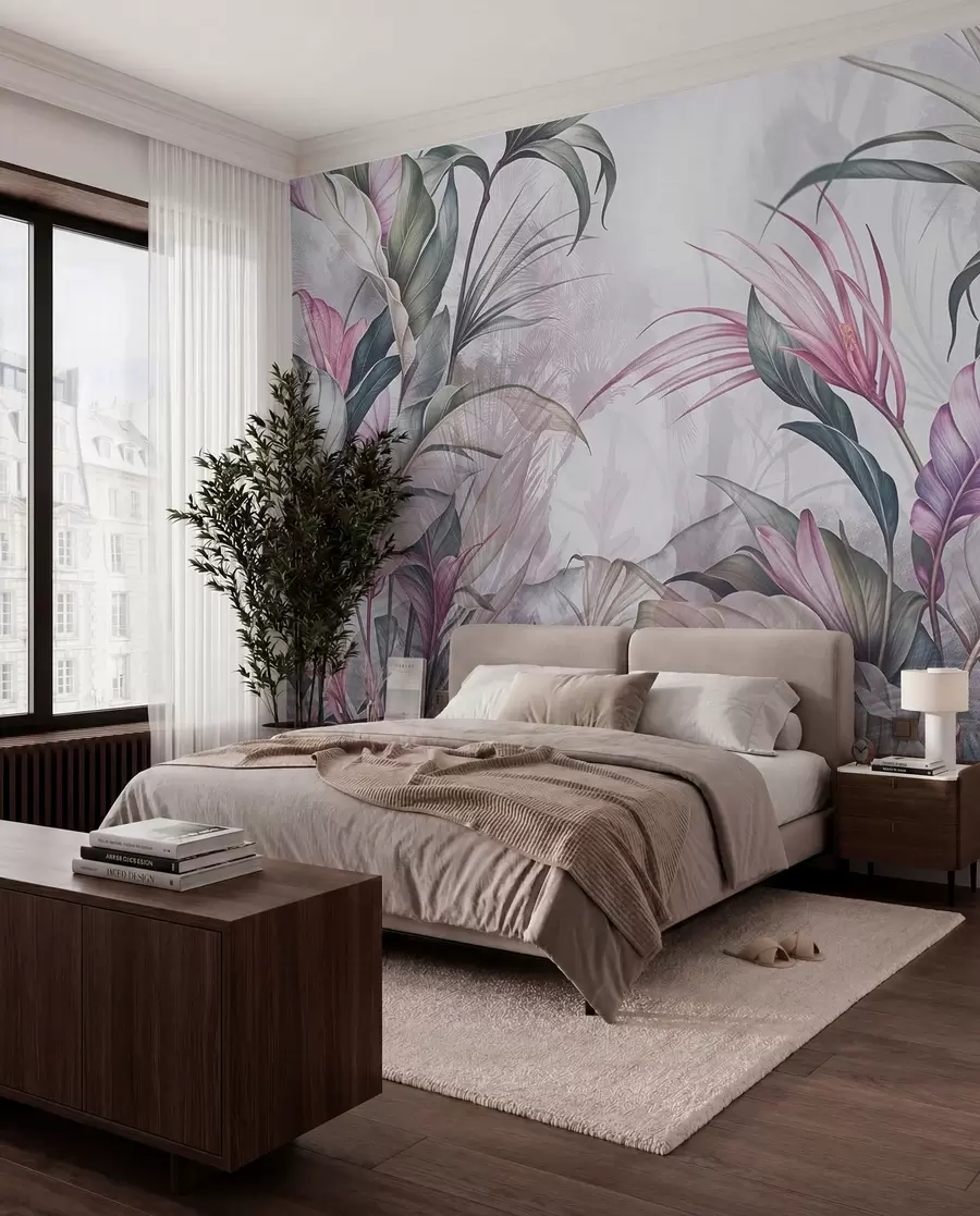 wall murals Тропска џунгла са великим зеленим листовима и ружичастим цветовима протеје са замагљеном текстурираном позадином w08375v1