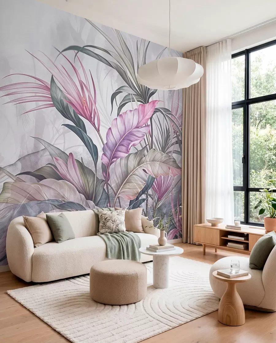 wall murals Тропска џунгла са великим зеленим листовима и ружичастим цветовима протеје са замагљеном текстурираном позадином w08375v1
