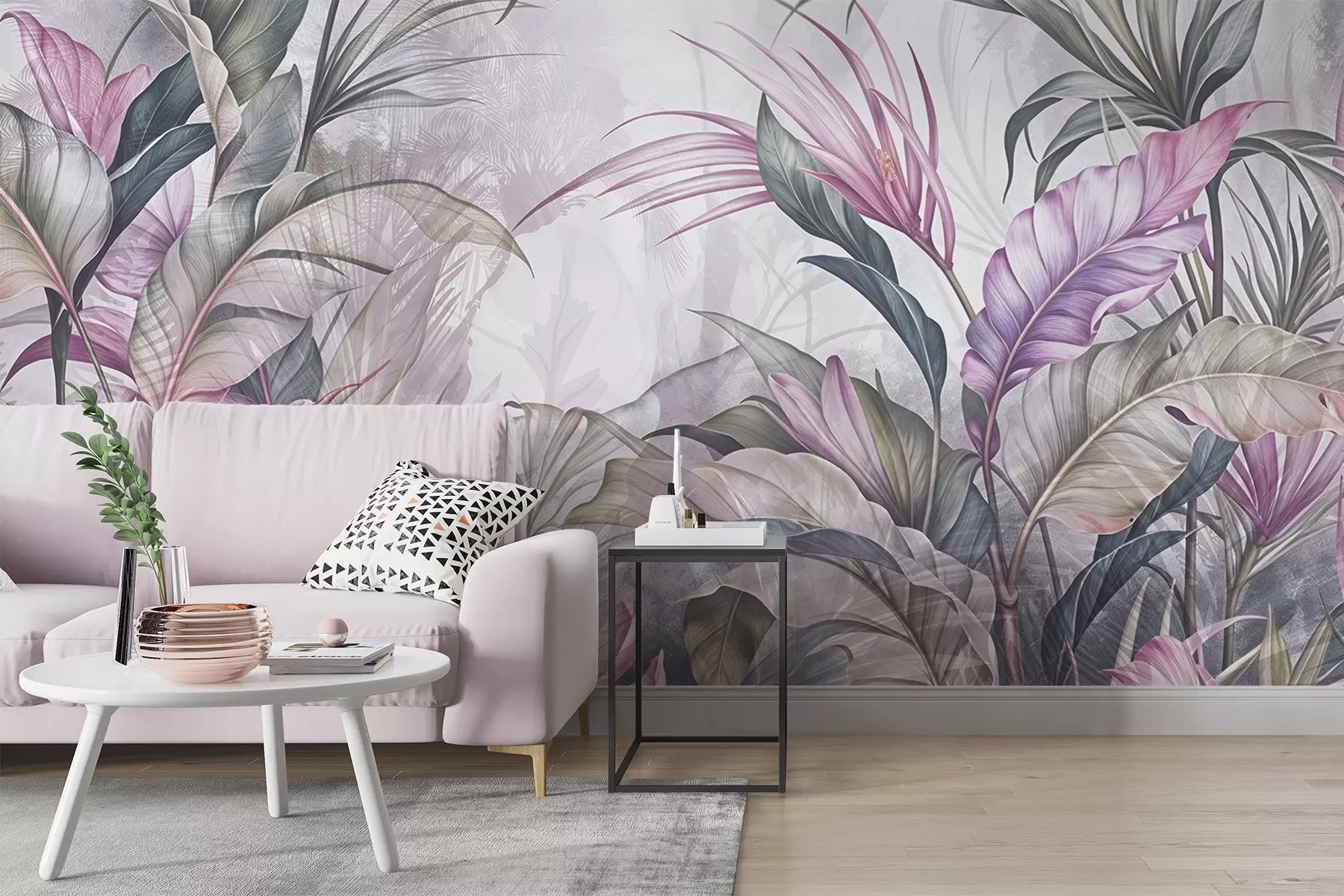 wall murals Тропска џунгла са великим зеленим листовима и ружичастим цветовима протеје са замагљеном текстурираном позадином w08375v1