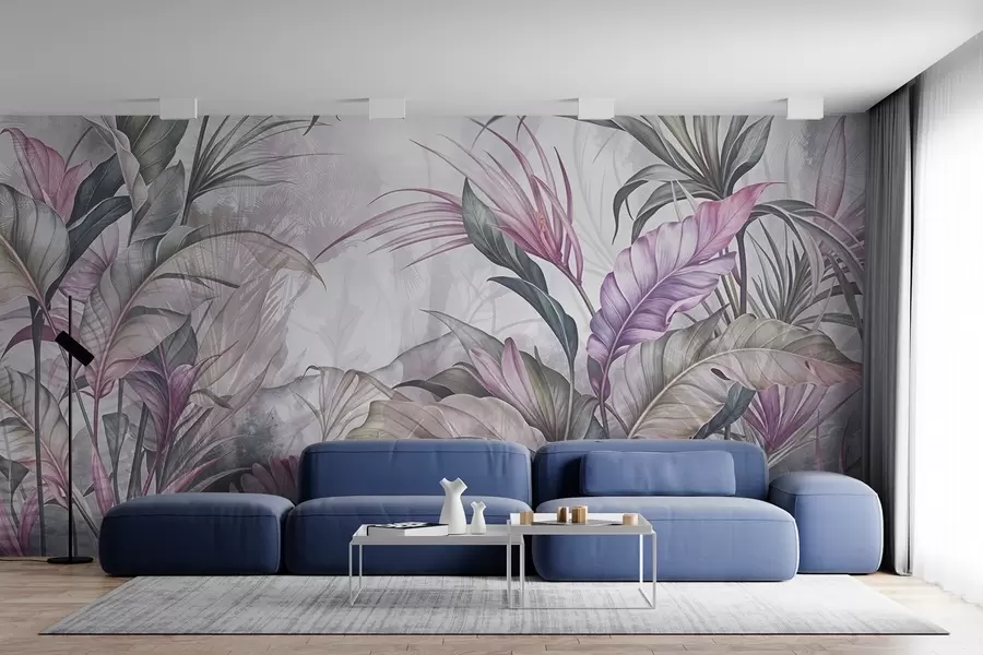 wall murals Тропска џунгла са великим зеленим листовима и ружичастим цветовима протеје са замагљеном текстурираном позадином w08375v1