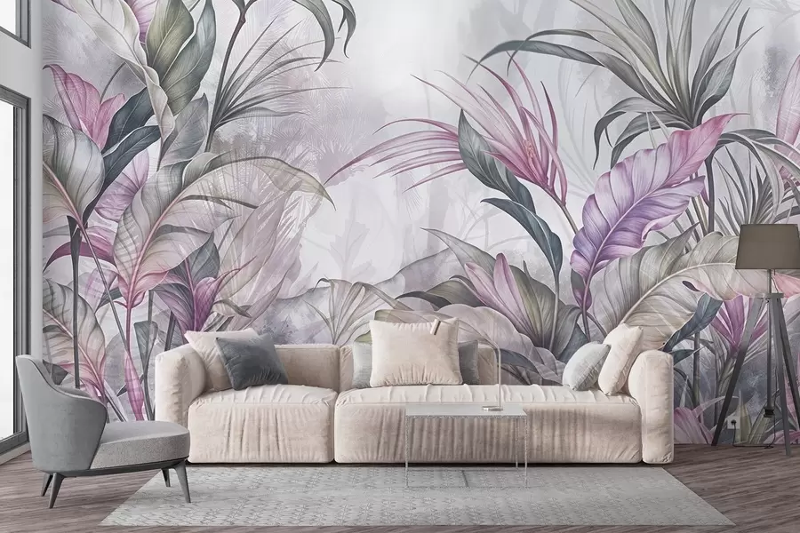 wall murals Тропска џунгла са великим зеленим листовима и ружичастим цветовима протеје са замагљеном текстурираном позадином w08375v1