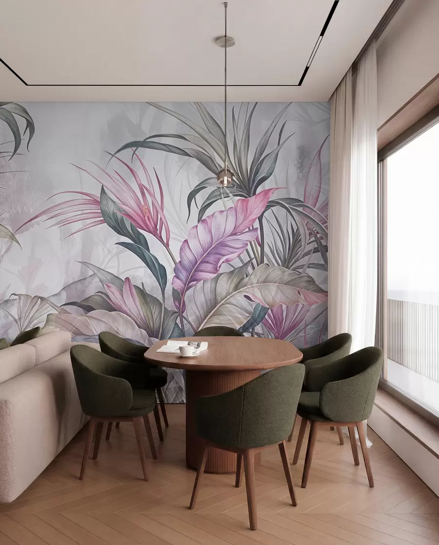 wall murals Тропска џунгла са великим зеленим листовима и ружичастим цветовима протеје са замагљеном текстурираном позадином w08375v1