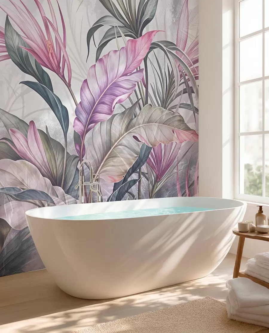 wall murals Тропска џунгла са великим зеленим листовима и ружичастим цветовима протеје са замагљеном текстурираном позадином w08375v1