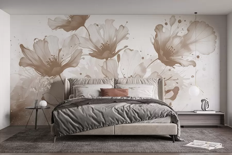 wall murals Нежно смеђе цвеће са меким, замућеним латицама и прскањем акварела на светлој позадини w08376v1