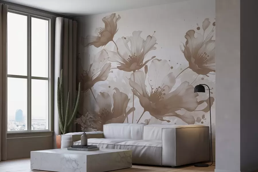 wall murals Нежно смеђе цвеће са меким, замућеним латицама и прскањем акварела на светлој позадини w08376v1