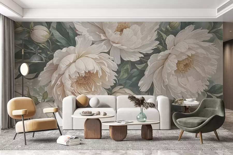 wall murals Текстурирани велики цветови белог божура са зеленим листовима, бујним и романтичним цветним аранжманом w08377