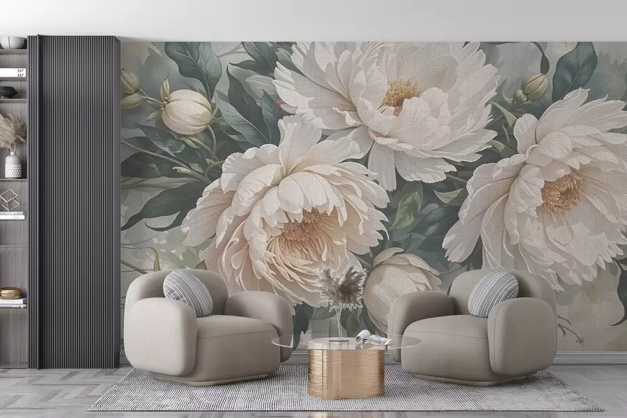 wall murals Текстурирани велики цветови белог божура са зеленим листовима, бујним и романтичним цветним аранжманом w08377