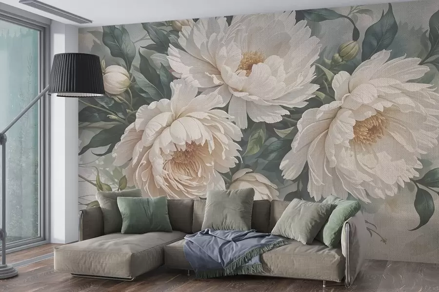 wall murals Текстурирани велики цветови белог божура са зеленим листовима, бујним и романтичним цветним аранжманом w08377