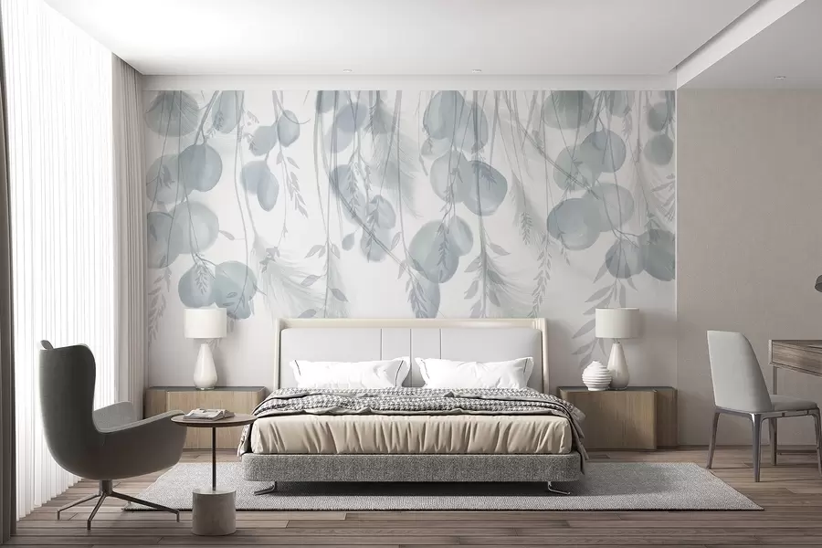 wall murals Деликатно сиво и пастелно зелено лишће еукалиптуса пада, стварајући спокојну и умирујућу атмосферу w08380