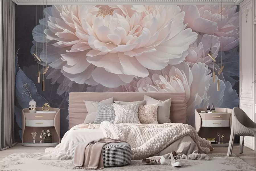 wall murals Крупни план два велика, деликатна ружичаста божура са меким, паперјастим латицама и листовима на замућеној позадини w08382
