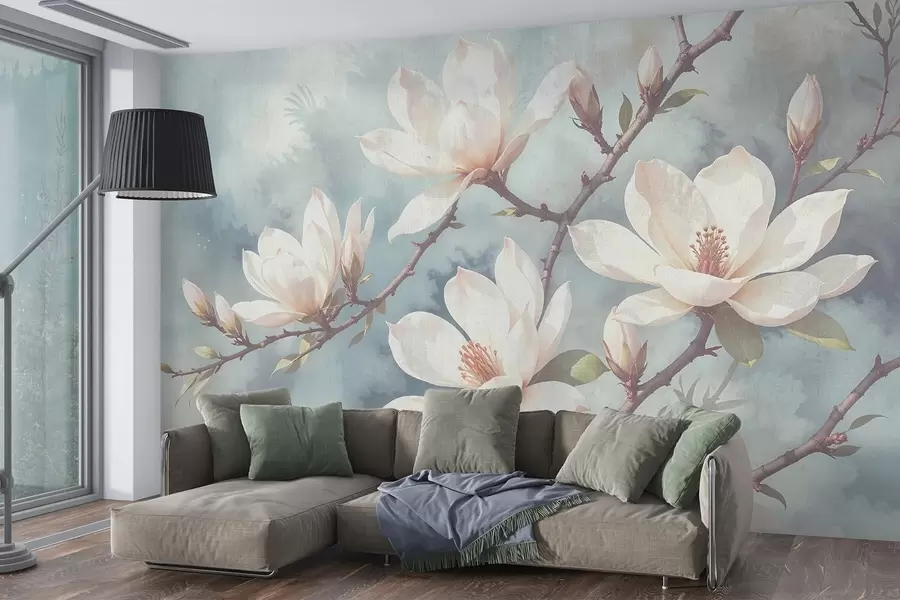 wall murals Цвеће беле магнолије цвета на гранама дрвећа на мекој, замућеној плавој позадини w08383