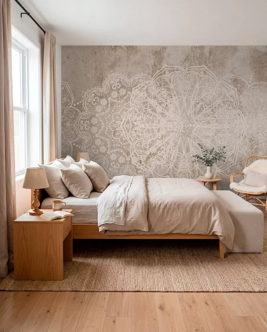 wall murals Детаљан, сложен узорак мандале од беле чипке на текстурираној позадини беж-браон зида у поткровљу w08387v1