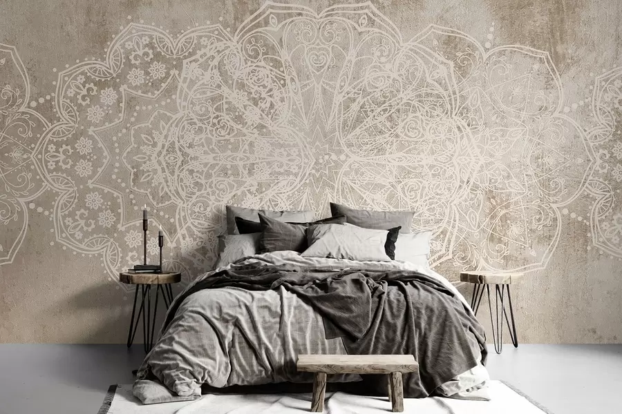 wall murals Детаљан, сложен узорак мандале од беле чипке на текстурираној позадини беж-браон зида у поткровљу w08387v1