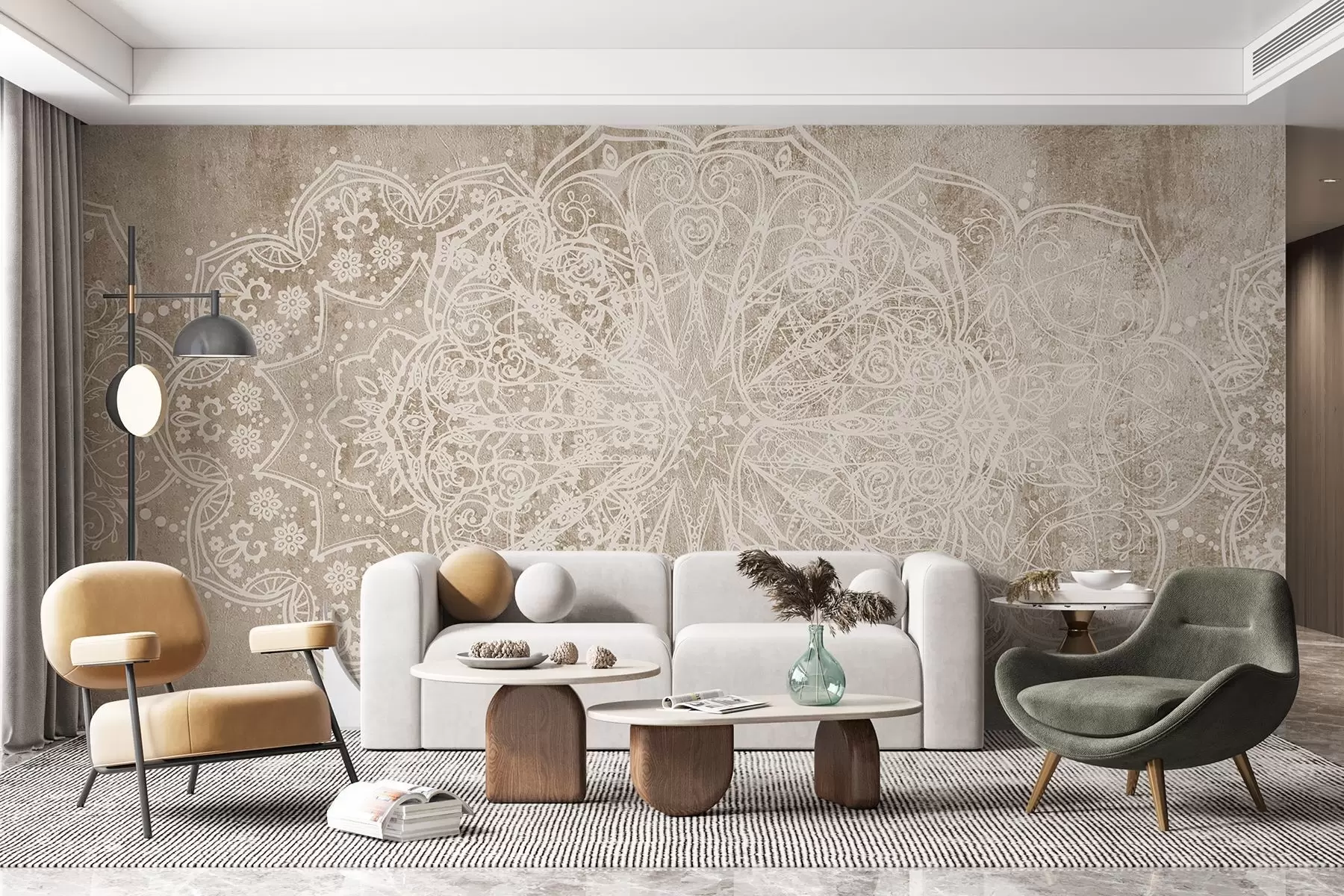 wall murals Детаљан, сложен узорак мандале од беле чипке на текстурираној позадини беж-браон зида у поткровљу w08387v1
