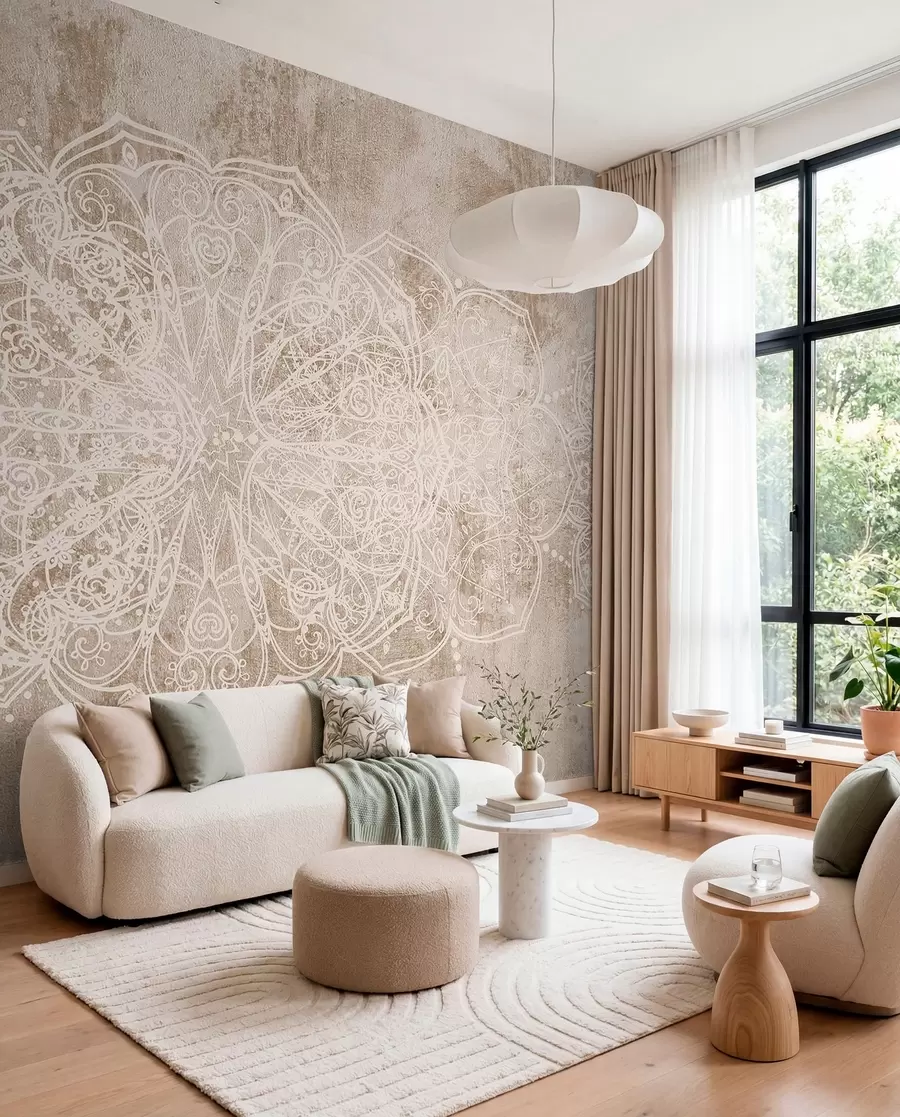 wall murals Детаљан, сложен узорак мандале од беле чипке на текстурираној позадини беж-браон зида у поткровљу w08387v1