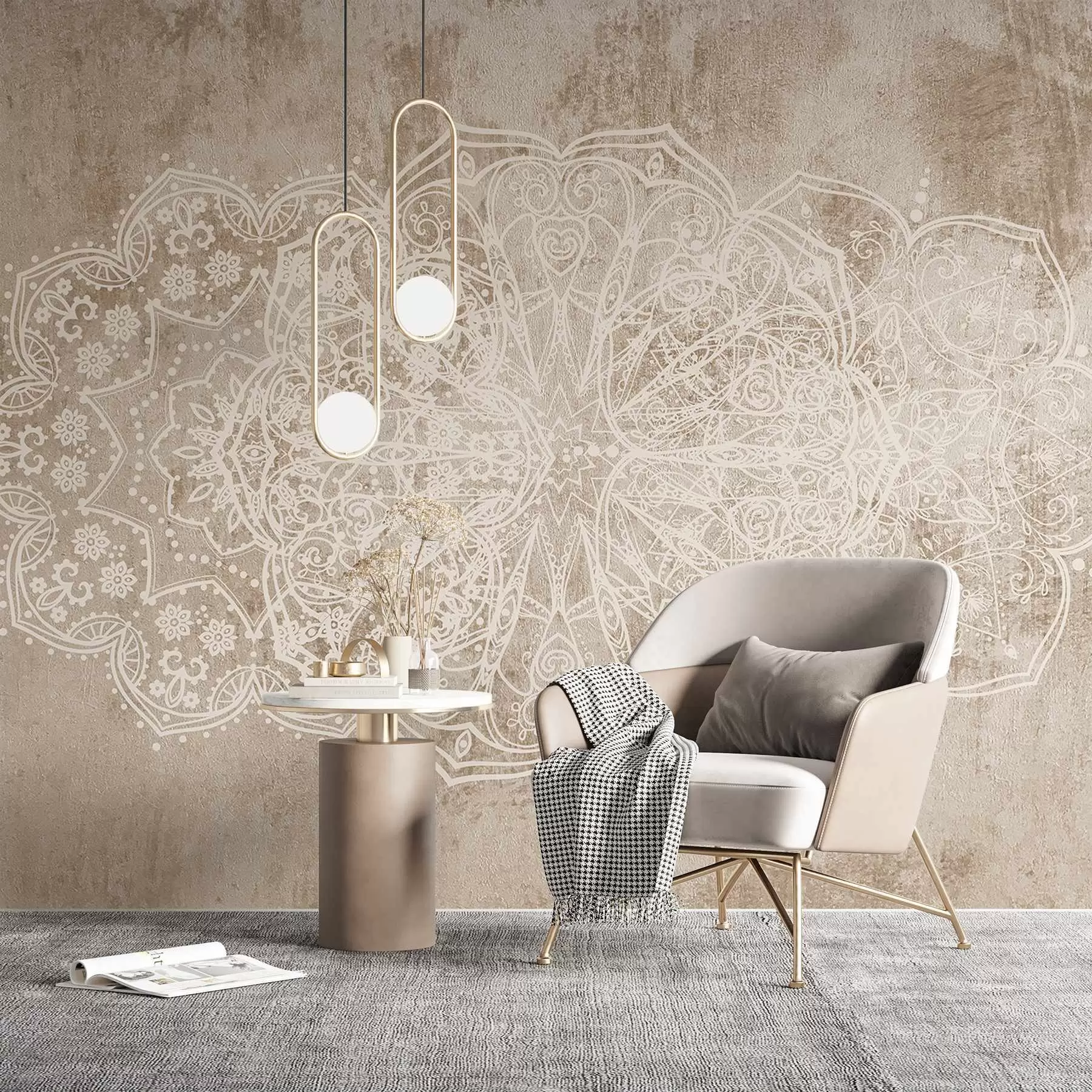 wall murals Детаљан, сложен узорак мандале од беле чипке на текстурираној позадини беж-браон зида у поткровљу w08387v1