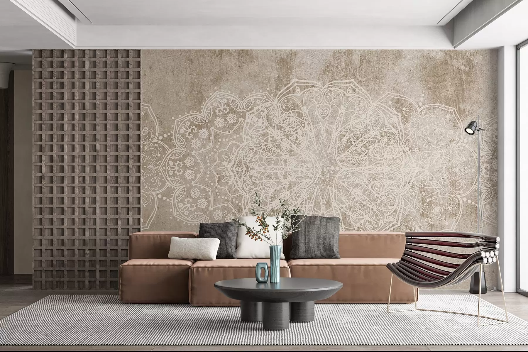 wall murals Детаљан, сложен узорак мандале од беле чипке на текстурираној позадини беж-браон зида у поткровљу w08387v1