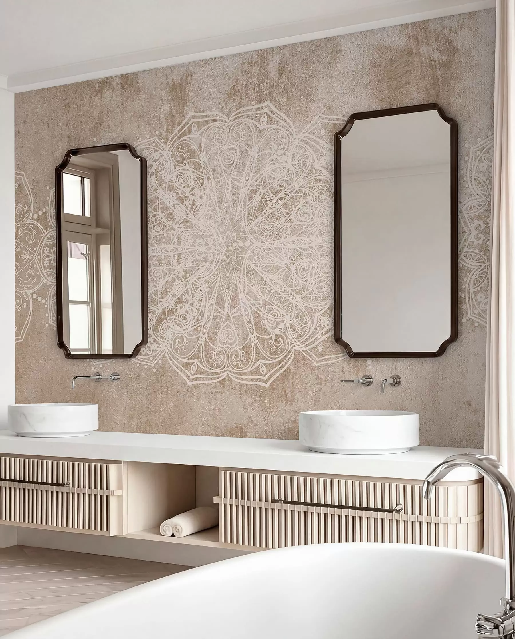 wall murals Детаљан, сложен узорак мандале од беле чипке на текстурираној позадини беж-браон зида у поткровљу w08387v1