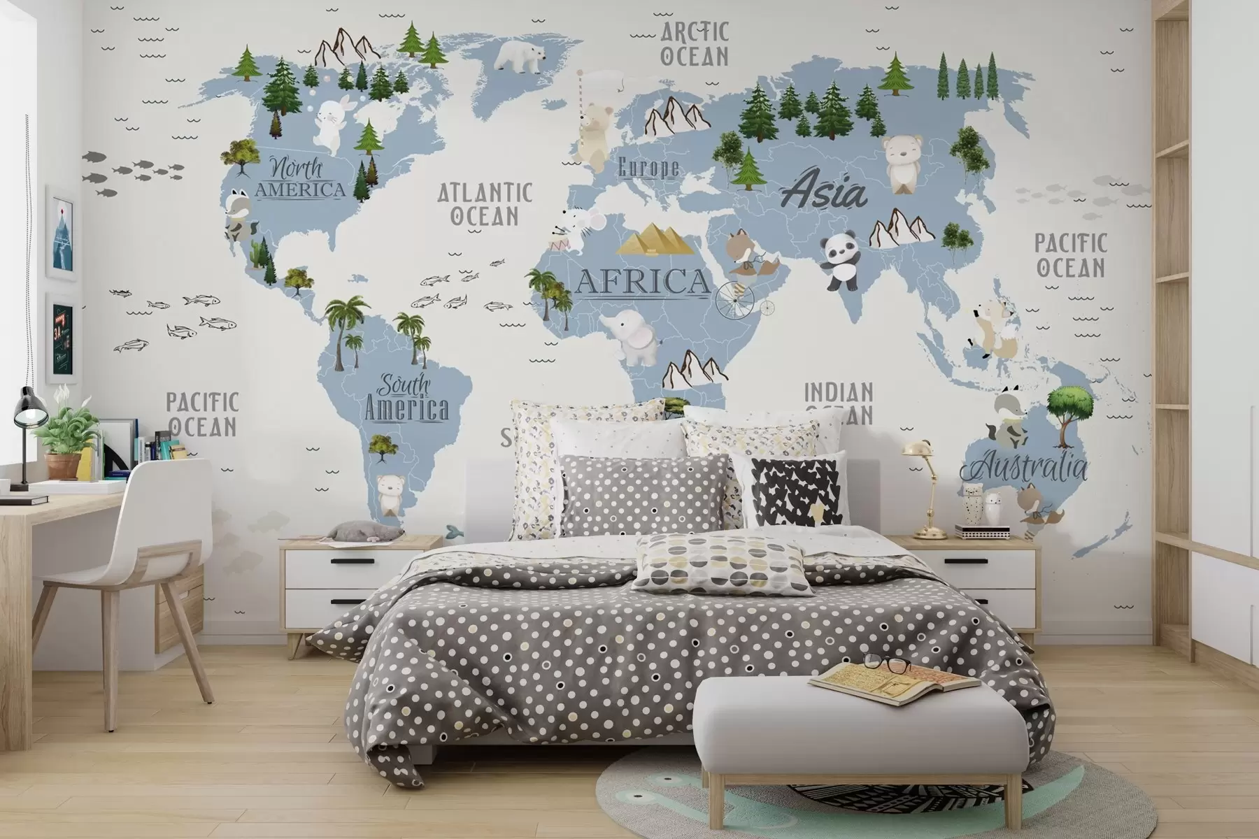wall murals Мапа света са јединственим дивљим животињама u99440